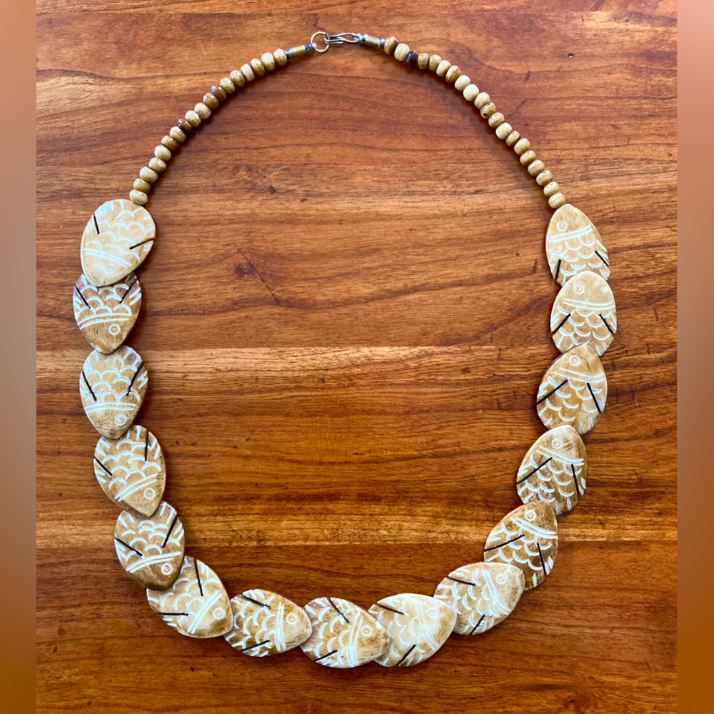 Vintage carved corozo fish necklace